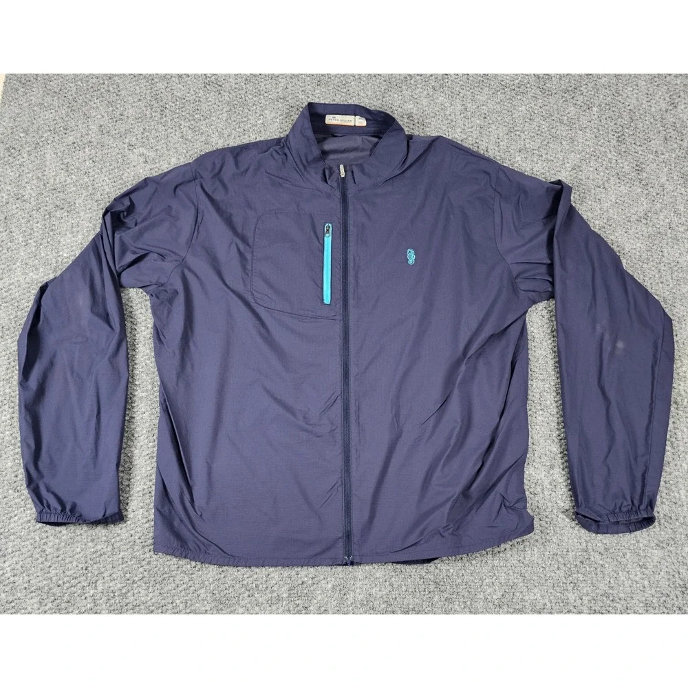 Peter Millar XXL Featherweight Windbreaker Full Zip Jacket Seahorse Logo Blue‎